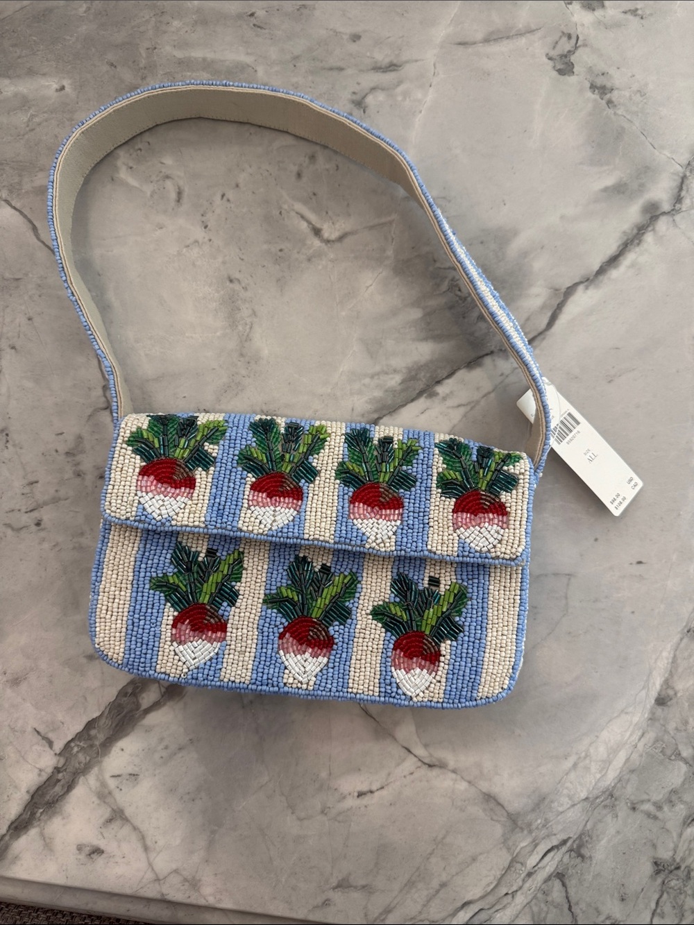 Maeve Beaded Radish Shoulder Bag in Light Blue, White, Red and Green